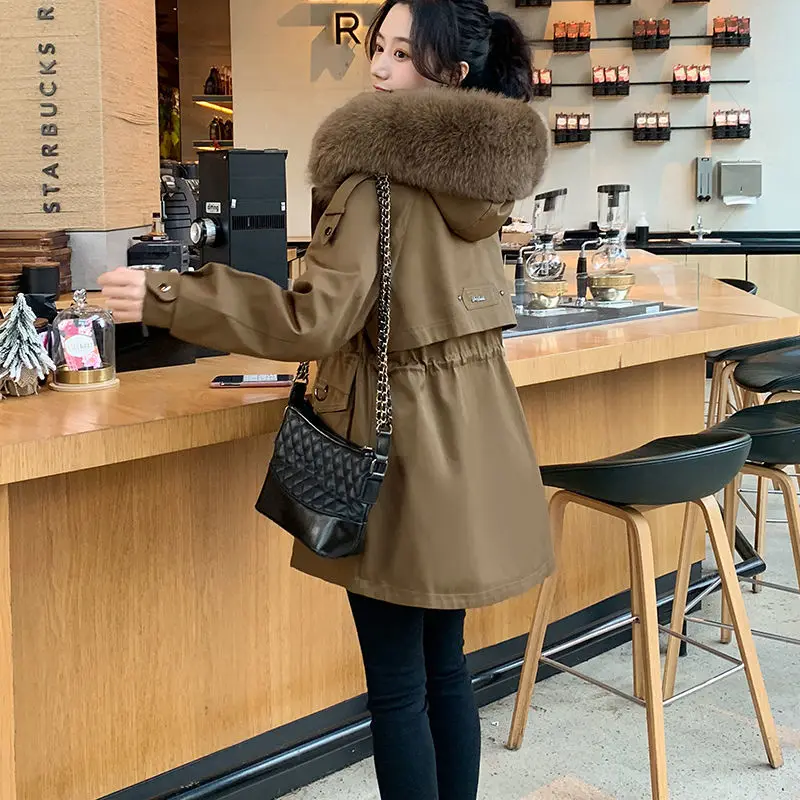 Woman Cotton Padded Liner Parker Female Fashion Hooded Fur Collar Autumn Winter Jacket Ladies Medium Long Hooded Parka Coat A236