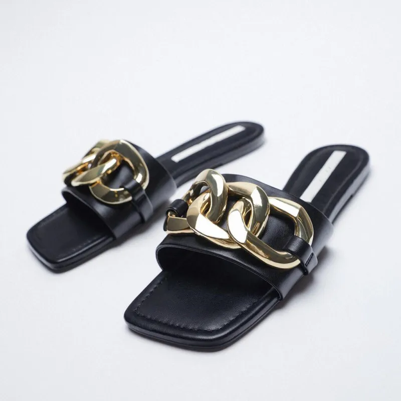 

ZAR Slippers Women Summer Luxury 2021 New Black Square Toe Metal Chain Flat Sandals Brand Woman Beach Shoes Plus Size 41 Femme