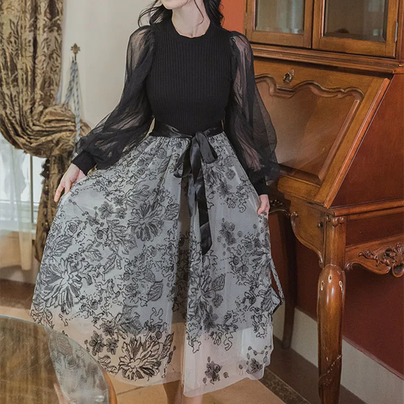 

Runway Designer Knitting Splicing Embroidery Mesh Dresses For Women Autumn Sweet Lace Up Bow Lantern Sleeve Vintage Party Dress