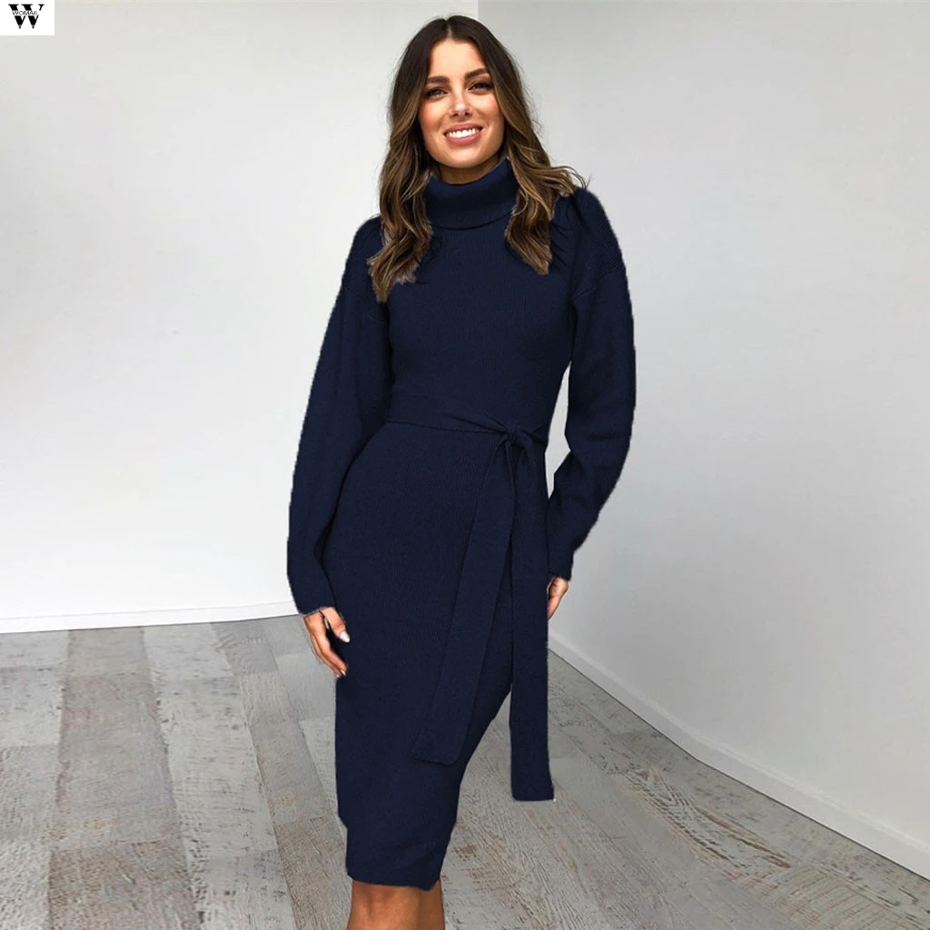 Женское осеннее платье с длинным рукавом и высоким воротником однотонное серое