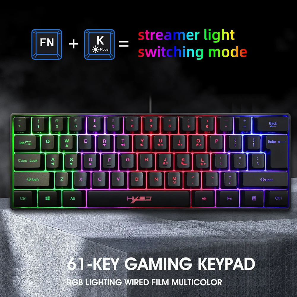 usb wired rgb lighting gaming keyboard hxsj v700 61 keys office caring computer supplies for desktop laptop pc free global shipping