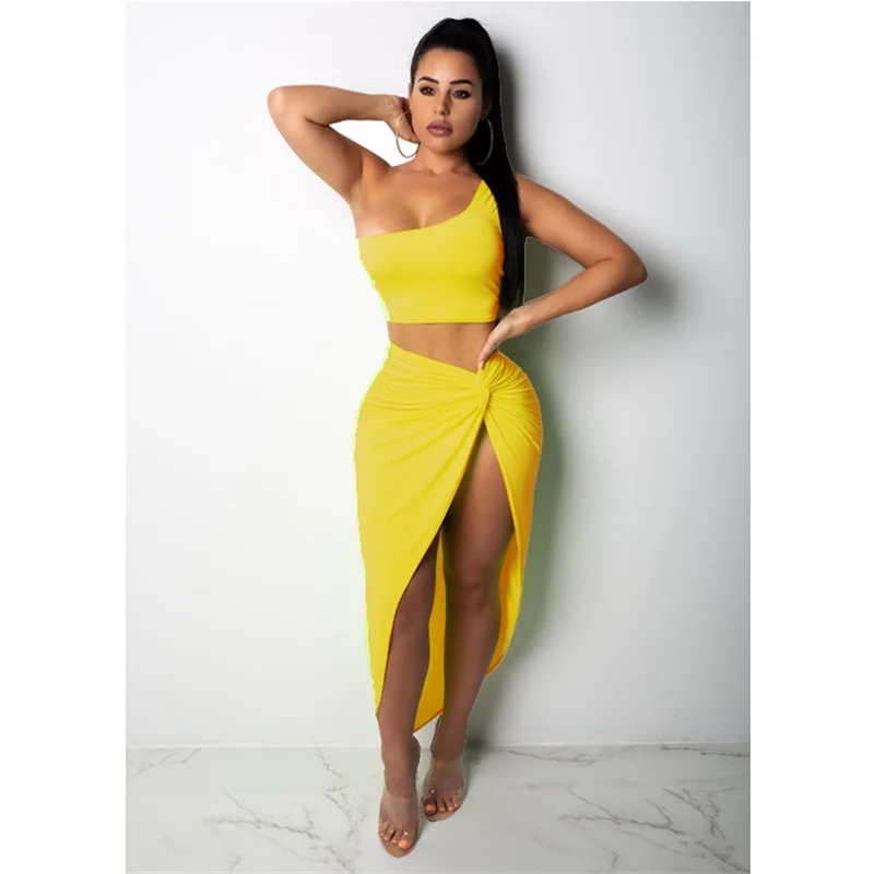 

Large Size One Shoulder Top Women's Pleated Solid-colored Stacked Dress Side Ruched Bandage Vestidos Two Piece Set