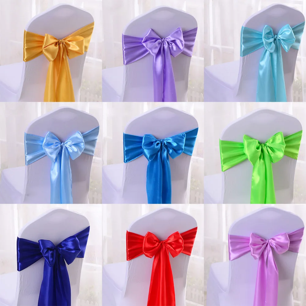 

25pcs Satin Bow Tie Chair Sash Bands For Hotel Banquet Wedding Party Decoration Red/Blue/Yellow Multi Color 16*275cm