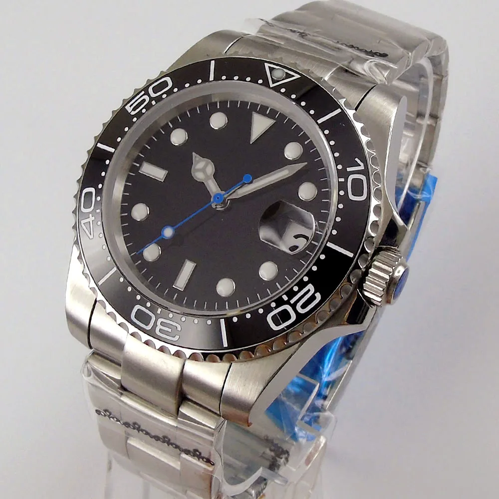 

40mm Black Sterile Dial Luminous Ceramic Bezel Date Sapphire Glass Automatic NH35 Miyota 8215 MOVEMENT Mens Wristwatch