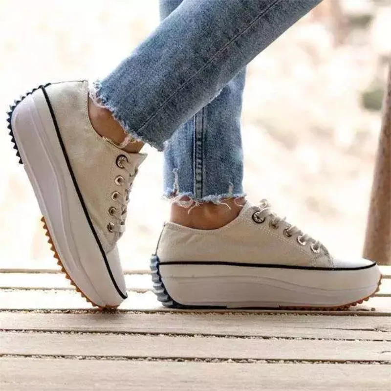 

Women's Solid Color Canvas Lace-up High-heeled Thick-soled Breathable Non-slip Comfortable Fashion Casual Sneakers 6KF035