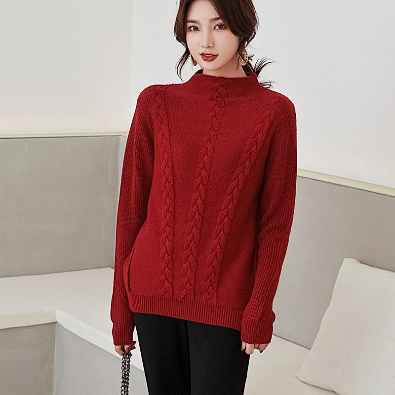 Женский кашемировый свитер свободный утепленный пуловер с полувысоким