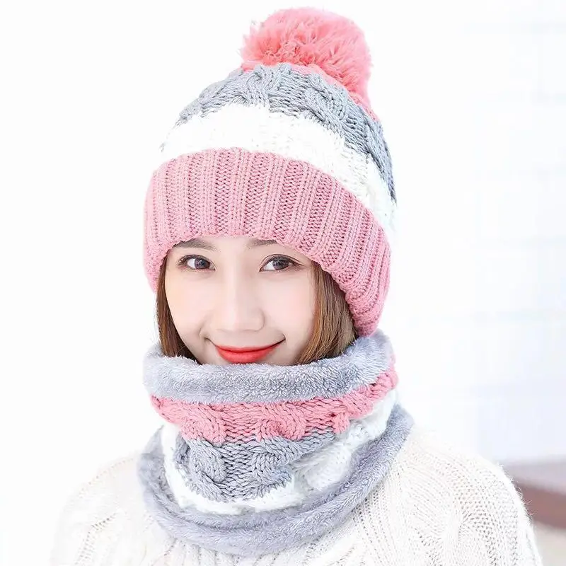 pink Fashion Winter Hat Scarf Set For Women Girl Warm Beanies Cap Lady Ring Scarf Pompoms Winter Hats Knitted Caps Scarf 2 Pieces - Цвет: pink