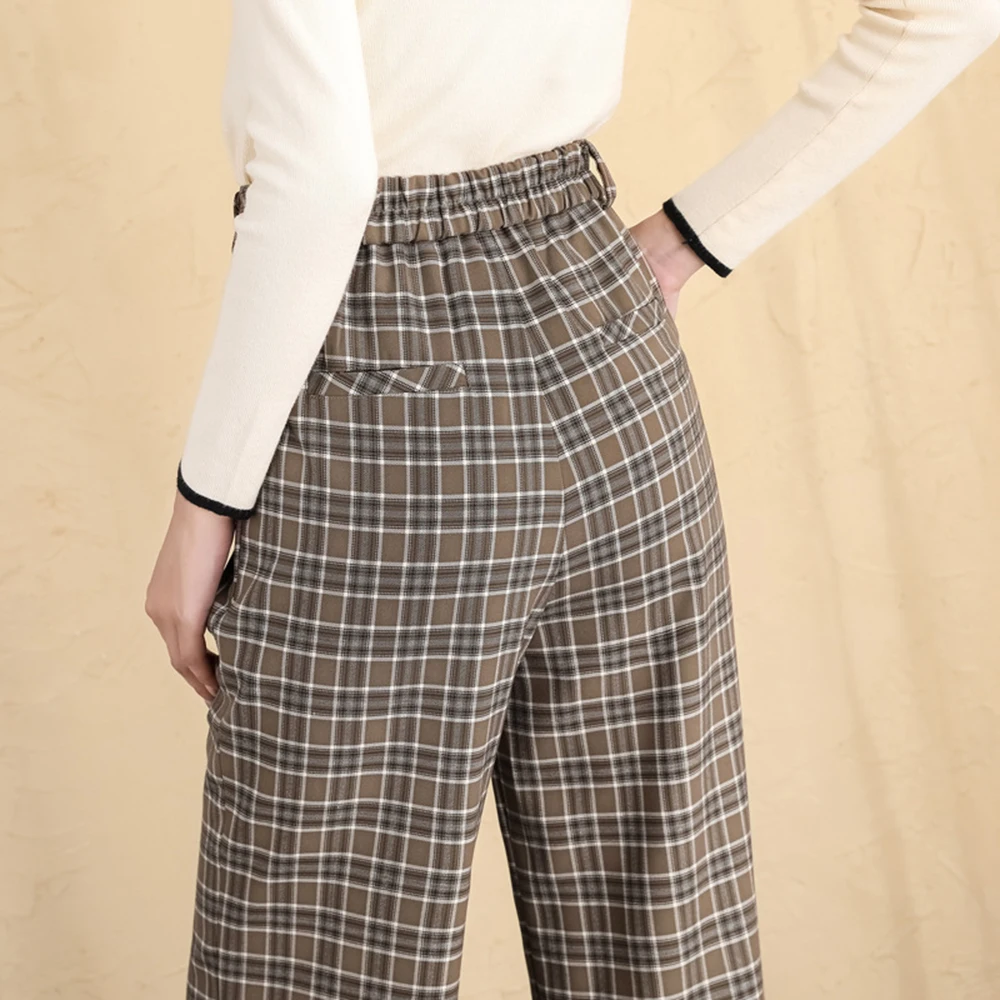 

Hot Sale Women Fashion Straight Plaid Pants Korean Style Plus Large Size For Autumn Winter Trousers Elastic Band High Waist 6XL
