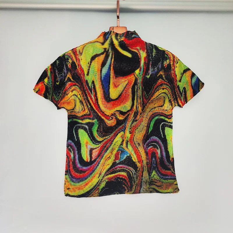 

TVVOVVIN Fashion Print Pleated Short Sleeve Top Women's Half High Collar 2021 Summer New Slim Elasticity T-shirt 9ZPY