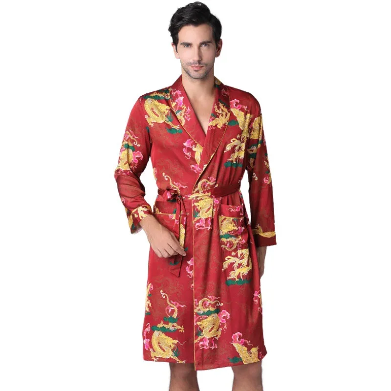

Szlafrok Meski Robe De Chambre Homme Szlafrok Satynowy Silk Robe with Dragon Embroidery Spring and Summer Home Service Fashion