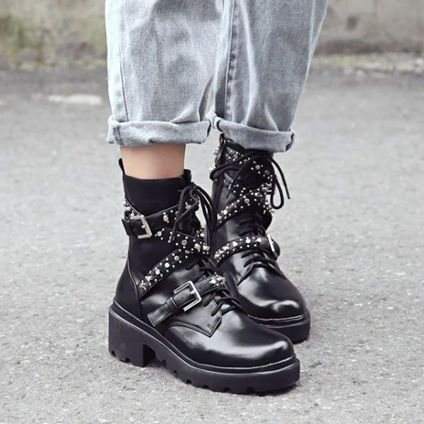 Женские мотоциклетные ботинки PXELENA с заклепками и пряжкой круглым носком из