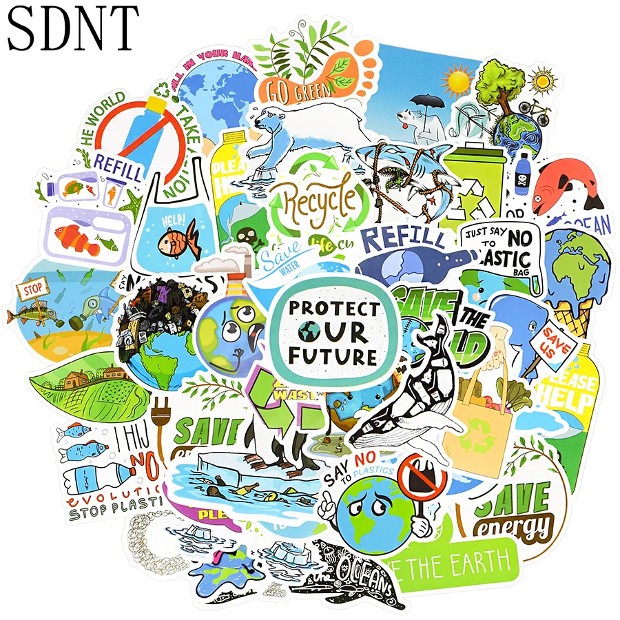 

50 PCS Environment Green Stickers Gift Protect the Earth Publicity Cartoon Waterproof Stickers for Kid DIY Bike Laptop Car Decal