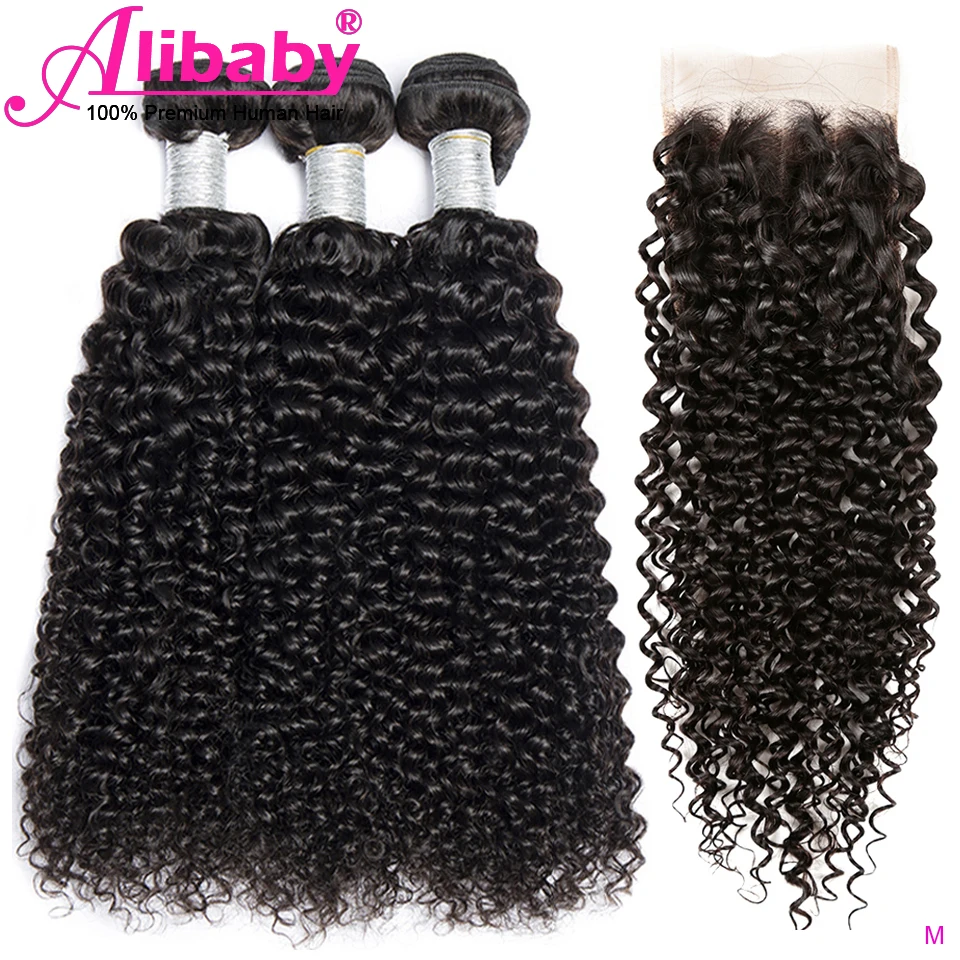 Бразильские кудрявые вьющиеся пряди с закрытием человеческих волос Плетение 3 4