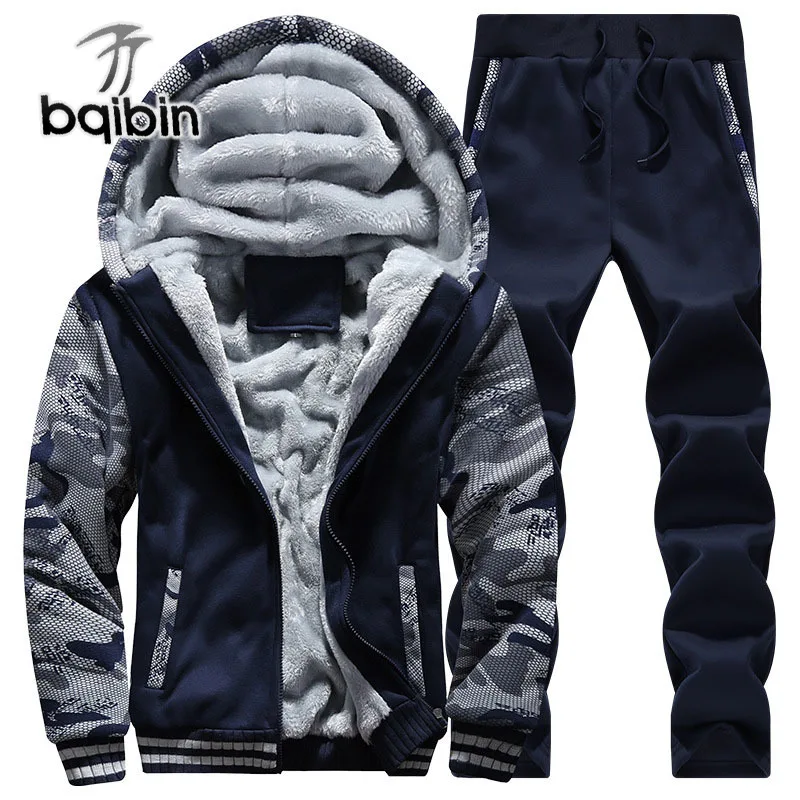 

Dropshipping Tracksuit Men Fleece Thick Hooded Men Sporting Warm Fur Liner Winter Sweatshirt Men's Clothing Set Plus Size M-4XL