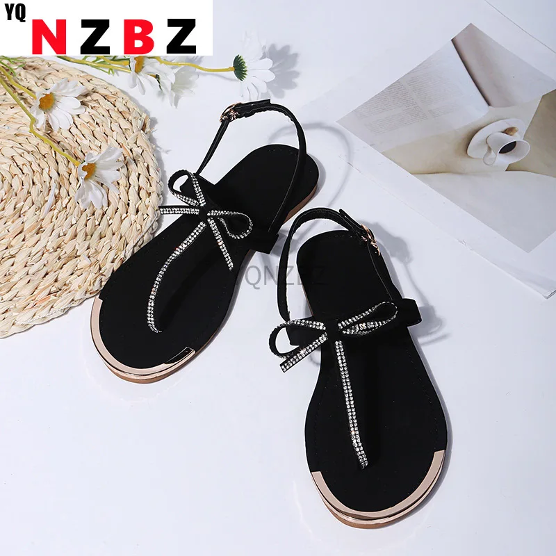 

Women Sandals Summer Shoes Flats Casual Rhinestone Ladies Fashion Buckle Strap Footwear Female Plus Size Bowknot Comfort 2021