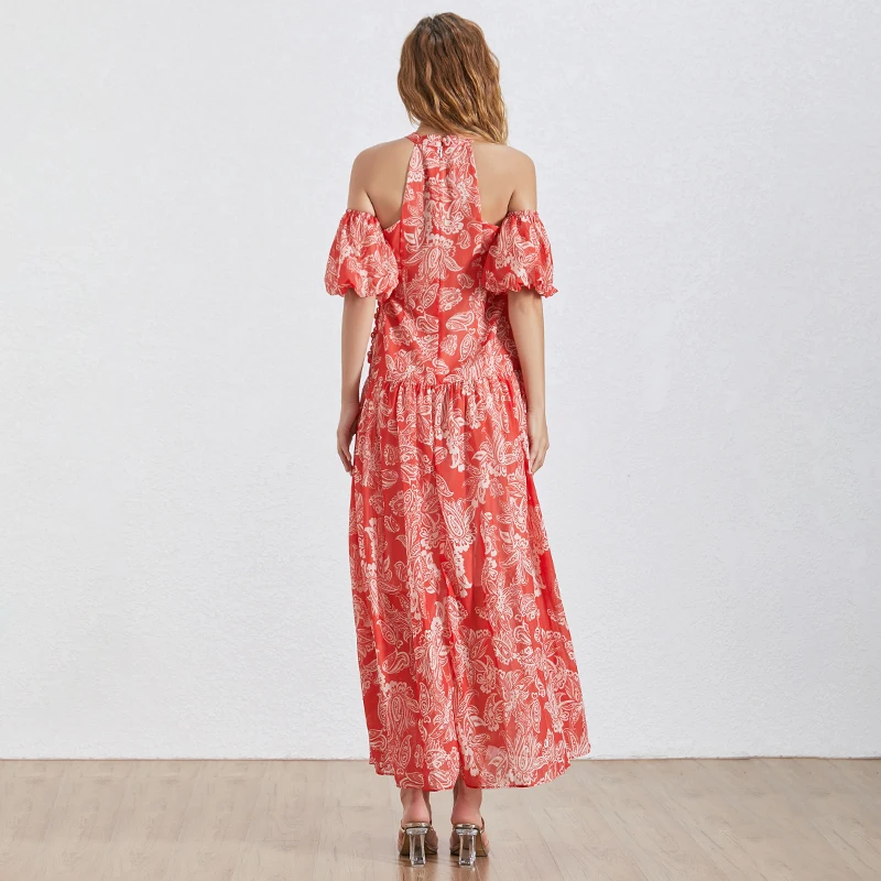 

SISPELL Hollow Out Print Embroidery For Female Dresses Puff Sleeve Off Shoulder High Waist Women's Vintage Dress Fashion New