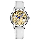 Часы наручные женские механические, модные автоматические золотистые наручные часы-скелетоны с римской рамкой, с автоподзаводом, под платье с кожаным ремешком