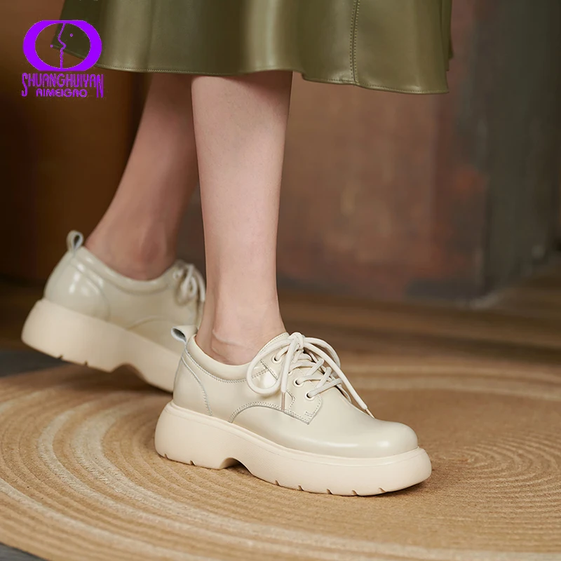 

AIMEIGAO Autumn Fashion Full Leather Women Platform Shoes Lace Up Low-Top Round Head College Style Casual Female Footwear