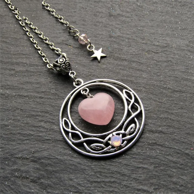 

Cute Pink Celtic Heart Nature Stone Wiccan Pendant Witch Necklace Pagan Jewelry Gift For Women Girl Female Wholesale