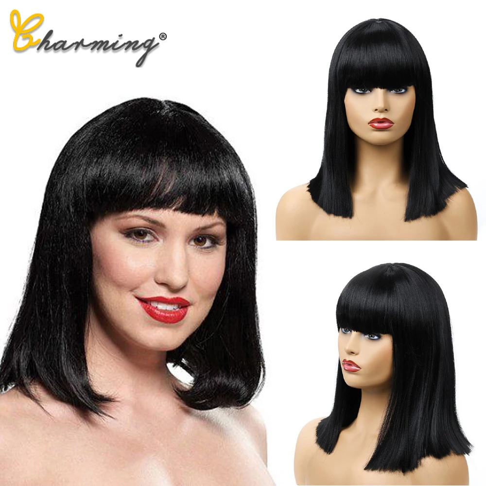 Очаровательные прямые черные синтетические парики с челкой для женщин парик