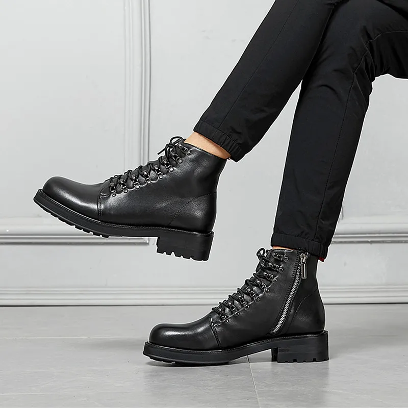 Martin boots men's Trendy Korean version of work lace-up British style thick-soled with round toes cowhide boo | Обувь