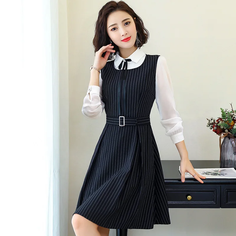 Striped Tank Dress 2 Piece Set White Shirt Midi Knee Round Neck Pleated Professional Work 801840 | Женская одежда