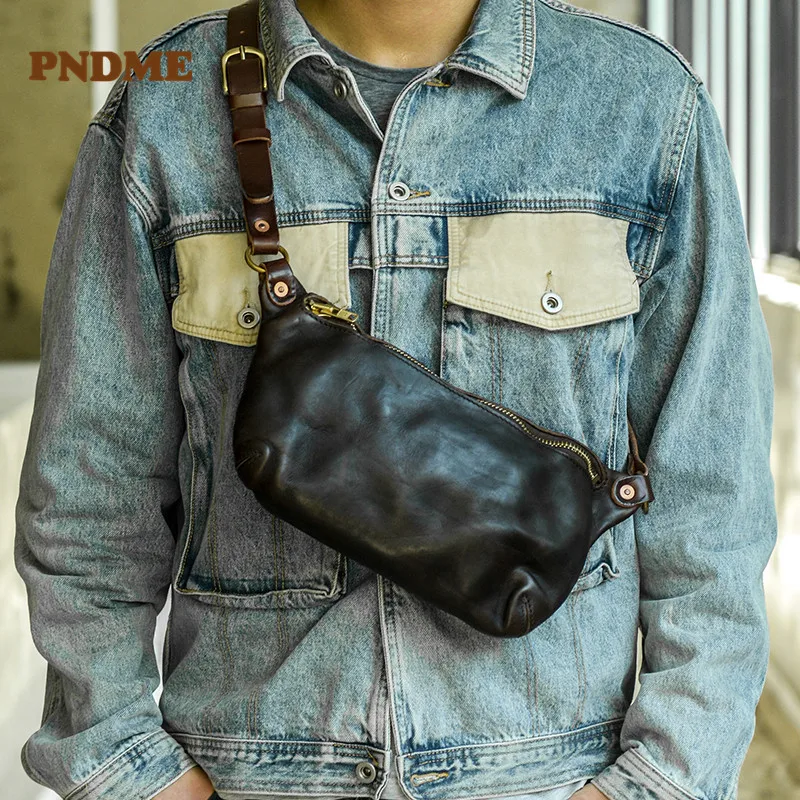 PNDME fashion designer high-quality genuine leather men's multifunctional chest bag luxury real cowhide teens crossbody bag