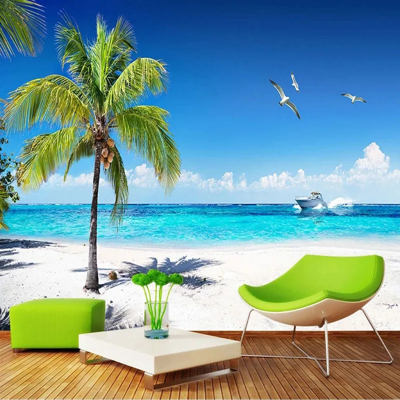 

Custom Mural Wallpaper 3D Seaside Landscape Coconut Tree Beach Wall Painting Living Room Theme Hotel Fresco Papel De Parede 3 D