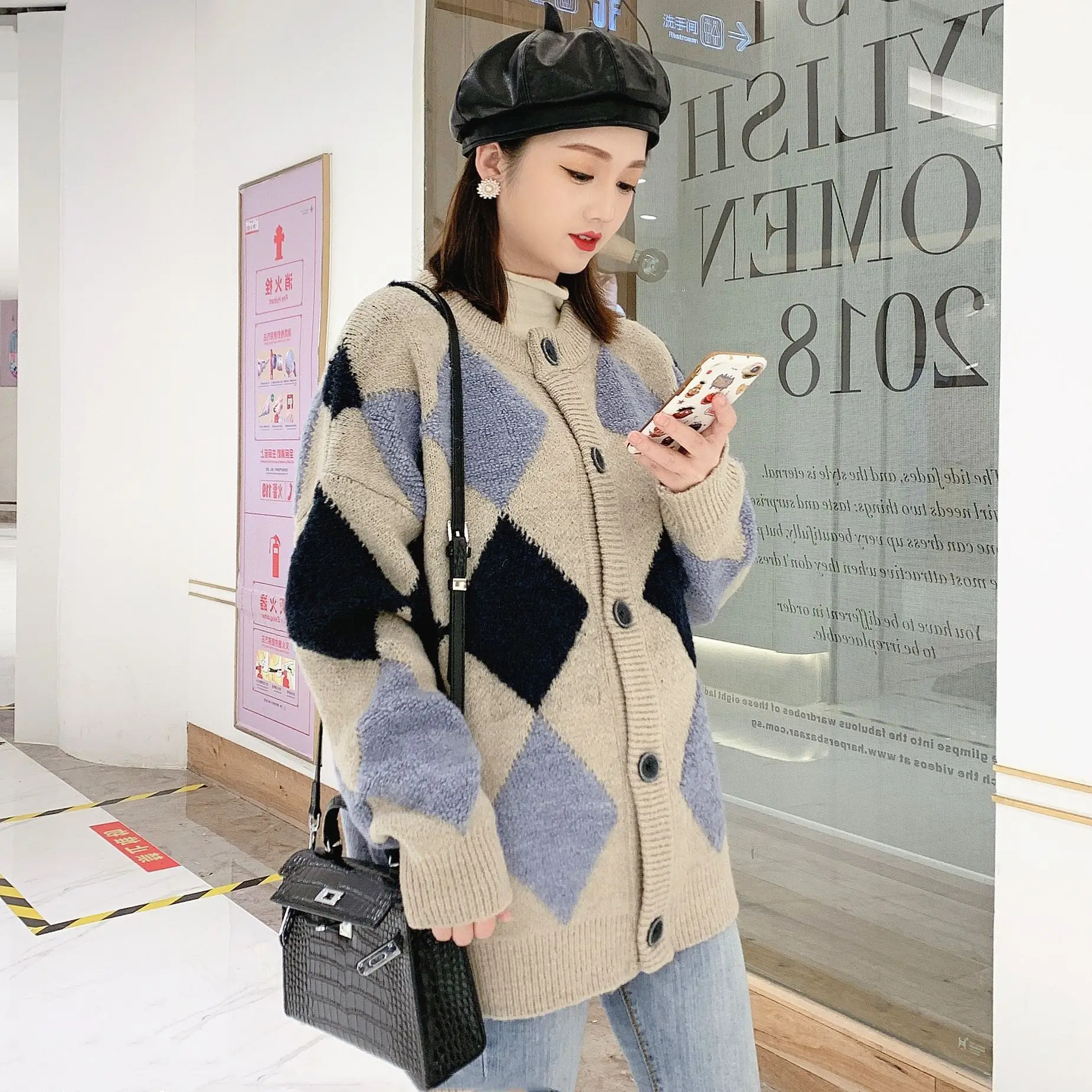 

Autumn and winter new net red loose round neck sweater cardigan female Korean version of wild long-sleeved sweater coat