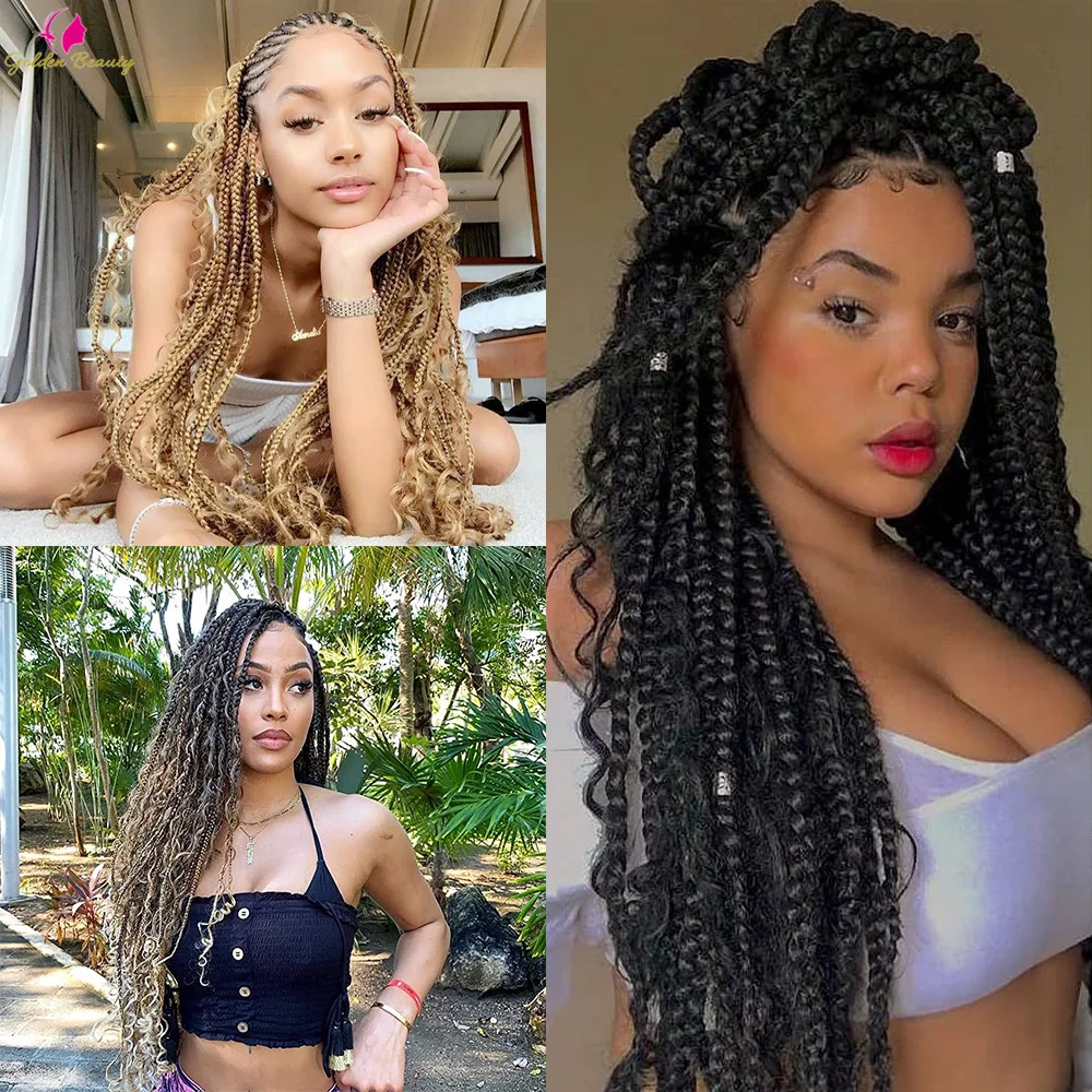 Goddess Box Braids Crochet Hair Bohemian Ombre With Curly End 14"20"&22" Synthetic River Braiding Extensions on.