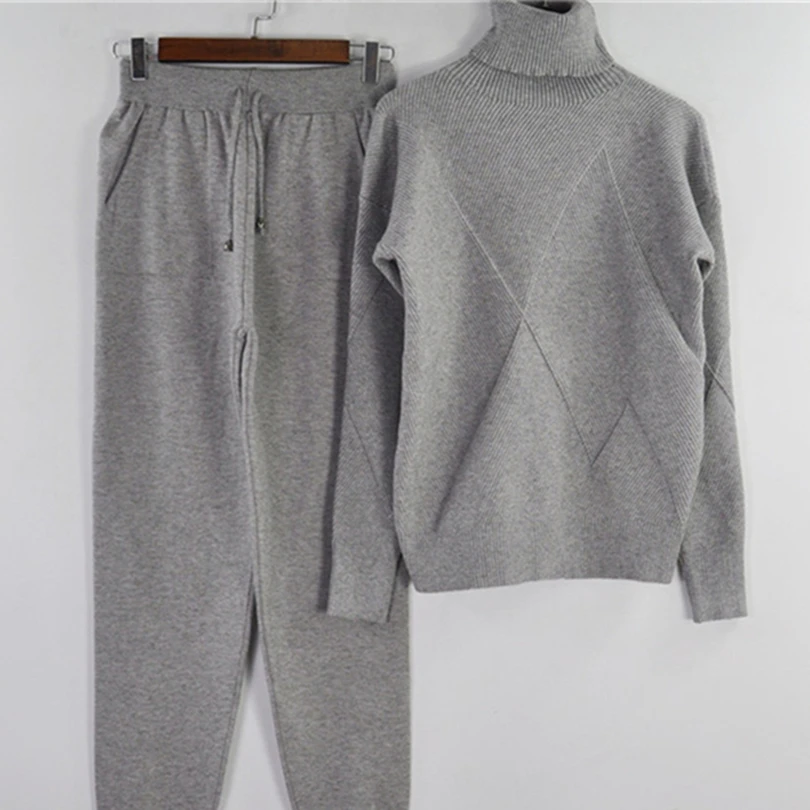 Grey MVGIRLRU женщина свитер Костюмы повседневное вязаный спортивный костюм водолазка пуловеры для женщин+ брюки девочек комплект из двух предметов женские наряды - Цвет: Grey