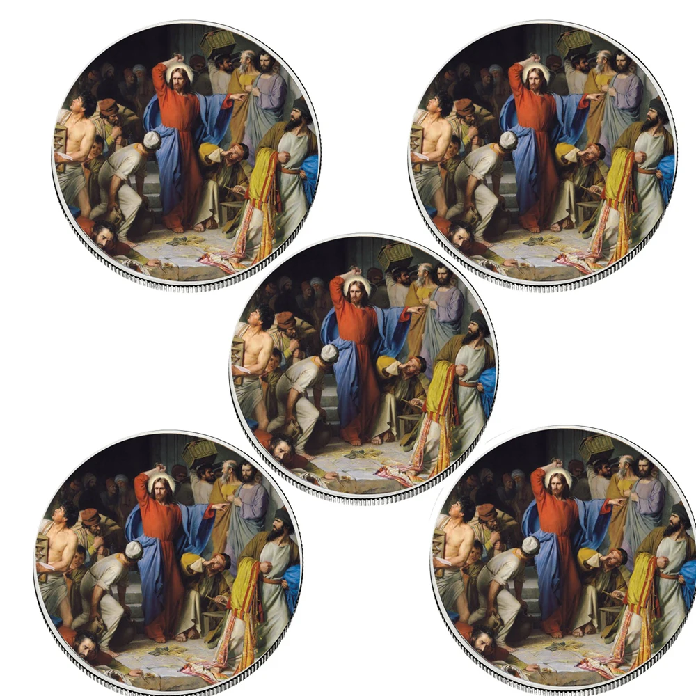 

5pcs Decorative Souvenir Coin Set 999.9 Silver Plated Gold Coin Art Ornament Jesus Challenge Metal Crafts