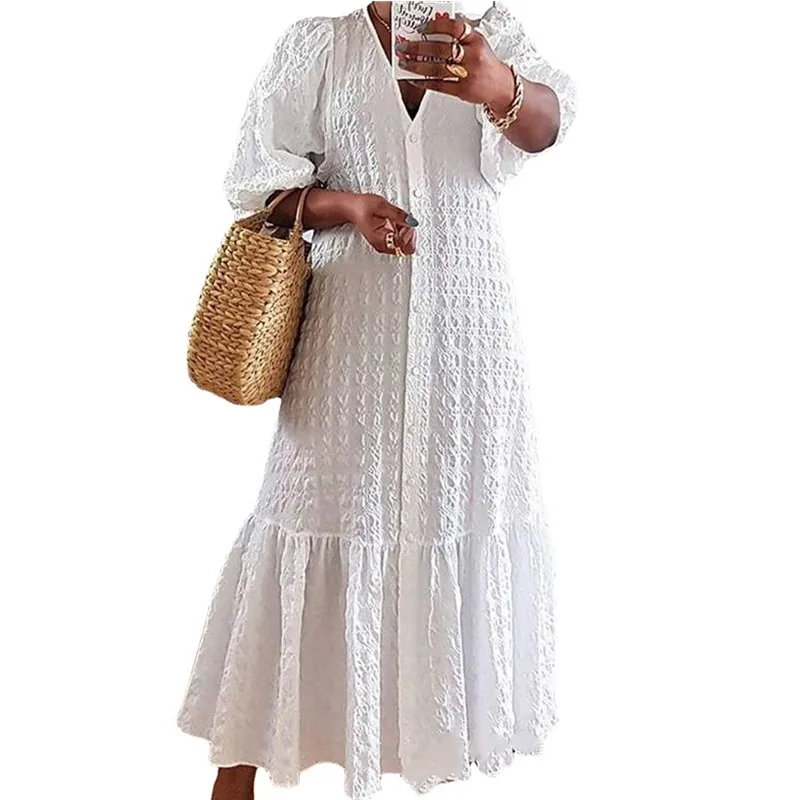 

Autumn Casual Half Sleeve Button Lady Party Dress Fashion Women Shirt Solid Long Dress Elegant V-Neck Embossing Loose Maxi Dress