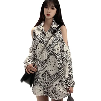 Autumn Women's Off-shoulder Blouses Niche Design Sense Printing Long Sleeve Loose Shirt Tops 1