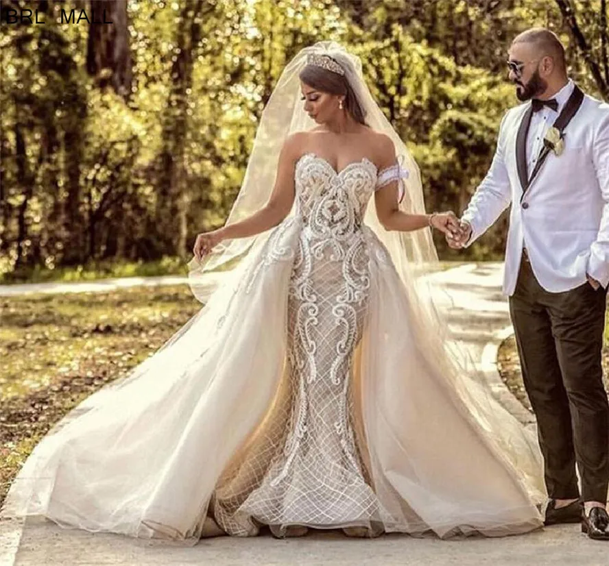 

Robes de marie 2020 Gorgeous Pearls Tulle Mermaid Wedding Dresses Detachable Train Bridal Dress Vestido de novia Wedding Gowns