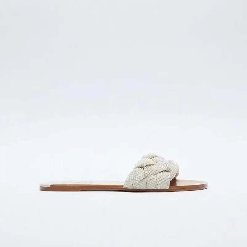 

ZA 2120 New Summer Flat Sandals White Artificial Pearl Braided Casual Slippers Woven Slipper For Female