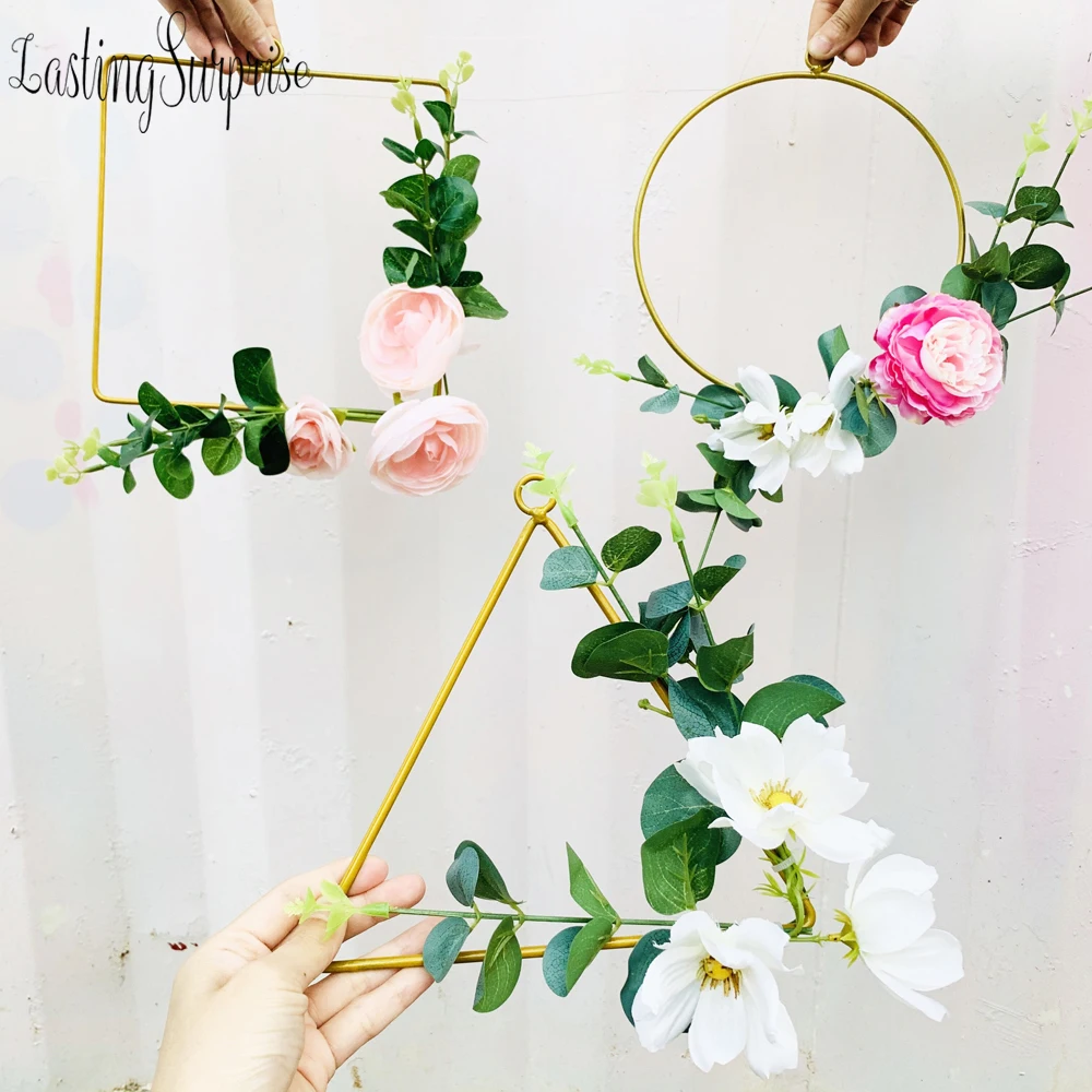 INS Gold Metal Hoop Flower Wreath Garland Wall Hanging Artificial Wedding Home Decoration Simulation Plant Ring | Дом и сад