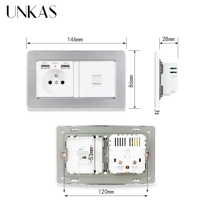 Штепсельная розетка UNKAS из нержавеющей стали с матовым серебристым корпусом