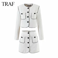 traf womens suit summer o neck jackets women long sleeve vintage coats single breasted elegant outwear and skirt 2 piece suit