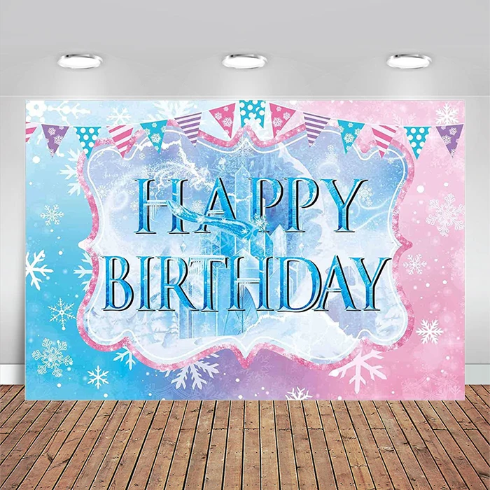 Pastel Winter Happy Birthday Party Backdrop Ice Castle Snowflake Pink and Blue Girls Onderland Sweet Princess Background