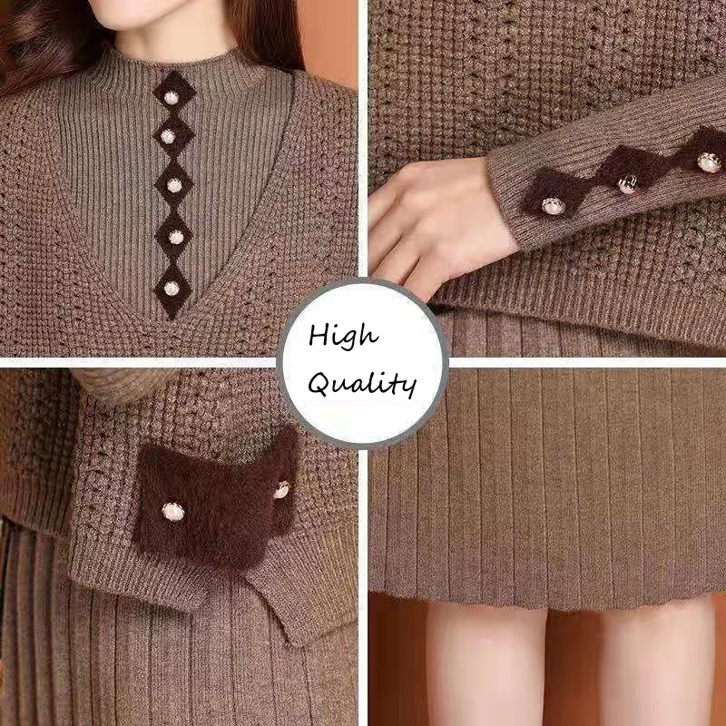 

Two-piece Drawstring Long Sleeve Button Sweater Female Solid Color Elastic Band Knee-length Knitted Skirt Women Sets Women 2021