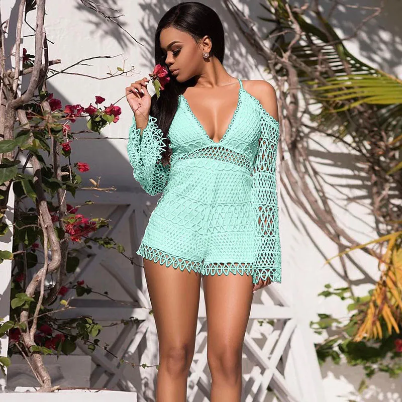 Комбинезон женский кружевной с V-образным вырезом и длинным рукавом |