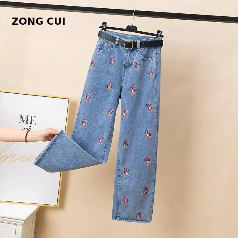 

High waisted jeans women's new autumn trousers embroidery cartoon loose straight tube floor dragging jeans wide leg pants