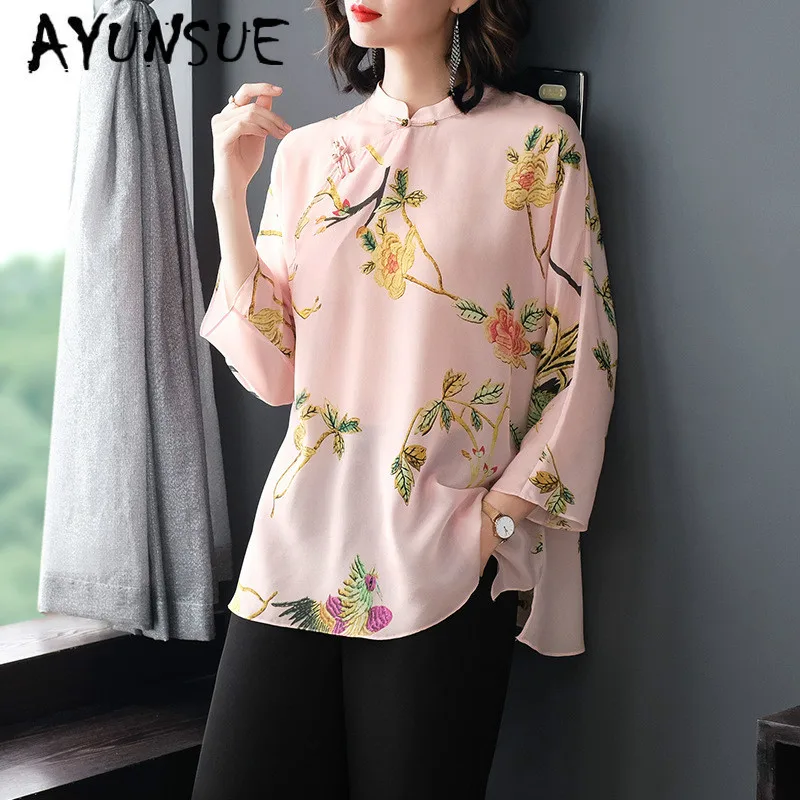 Real Silk Shirts Womens Tops and Blouses Long Sleeve Blouse Spring Autumn Korean Fashion Clothing Women Blusas P7562 YY2621