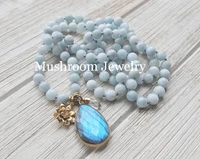 hand knotaquamarine beads labradorite charm pendant necklacehand knotted labradorite stone bead necklace