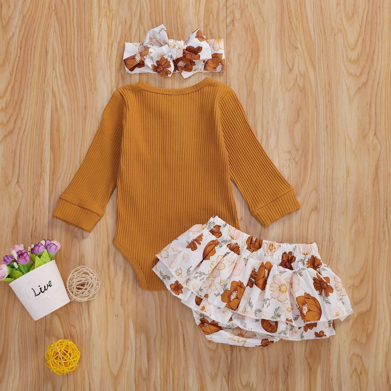 

0-24M Newborn Baby Girls 3 Pcs Autumn Outfits Knit Long Sleeve Romper Top + Tutu Layer Mesh Skirt Shorts+ Bowknot Headband Set