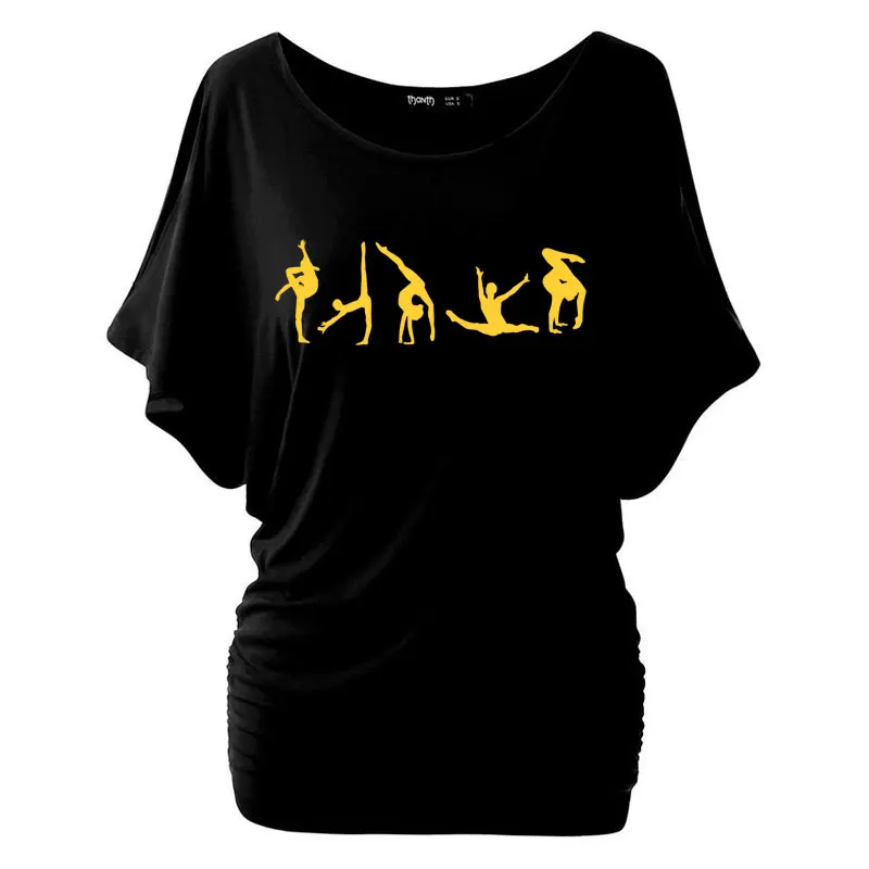 2019 Новый гимнастика позу принт футболка женская с рукавами летучая мышь