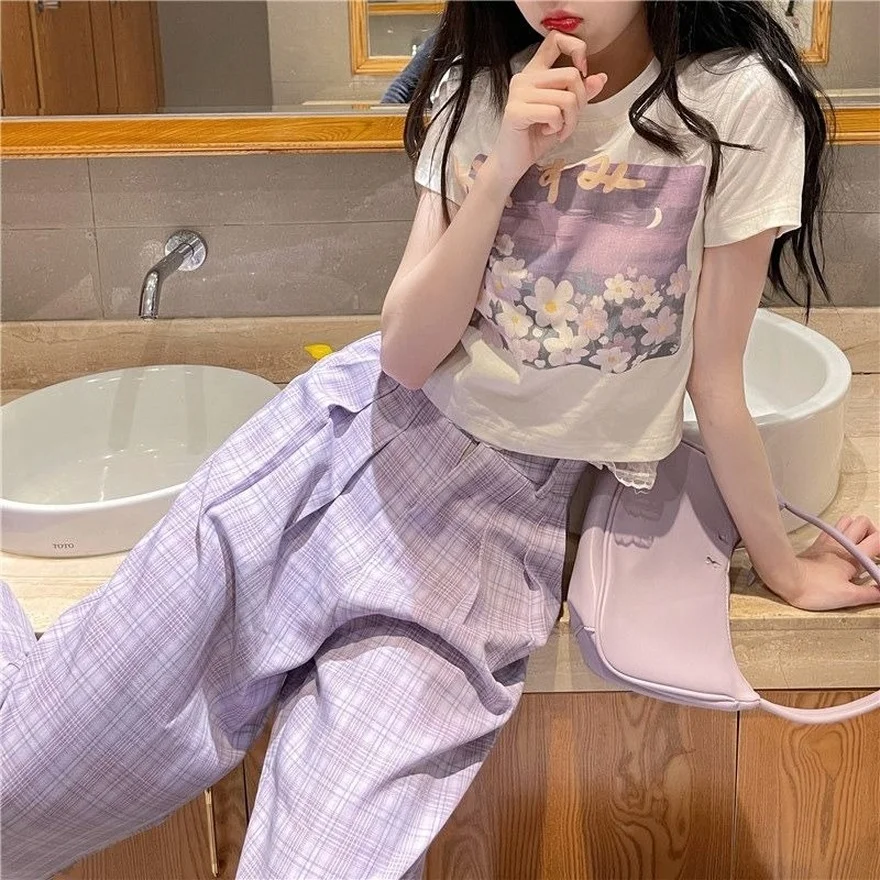 

Korean Fashion Kawaii Summer Suit Harajuku Sweet Girl Plaid Wide-leg Pants + T-shirt Two-piece Print Plaid Pants Streetwear 2021