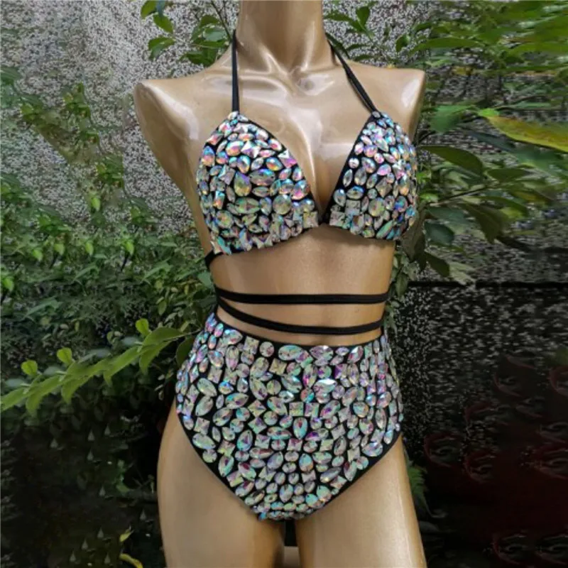 

Glitter Gems Lace Up Bathing Suits Bling Rhinestones High Waist Sexy Swimsuit Tankini Luxury Women Tight Swimming Suits 2 Piece