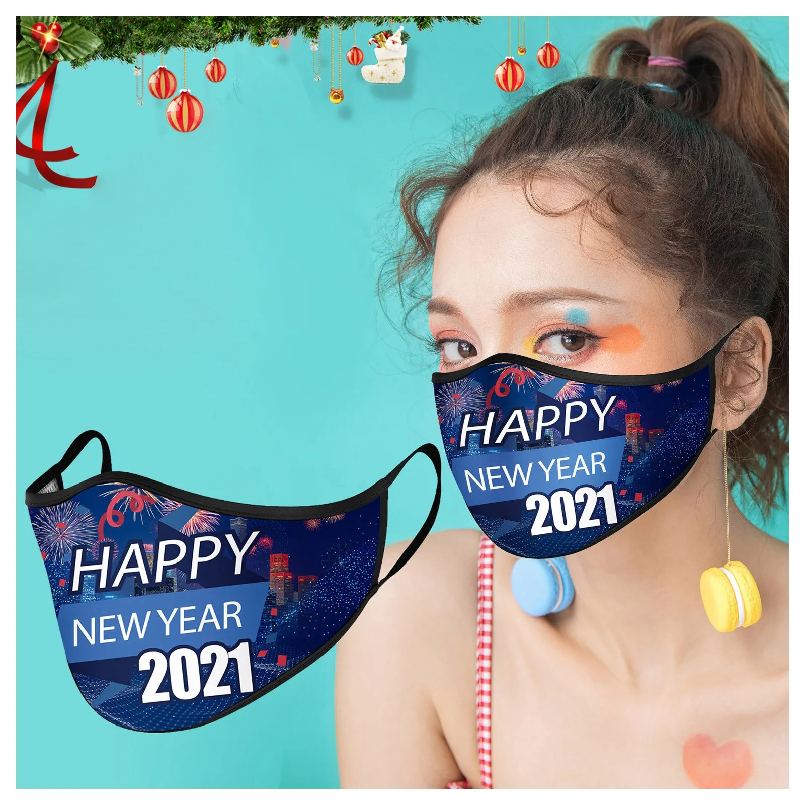 

7PCS Christmas Face Mask 2021 New Year Print Elements Mask Pure Cotton Dustproof Washable Mouth Mask mascarillas desechables